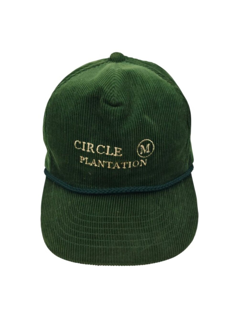 YoungAn Green Corduroy Rope Hat Snapback Circle M Plantation Cap Vtg 80s Trucker